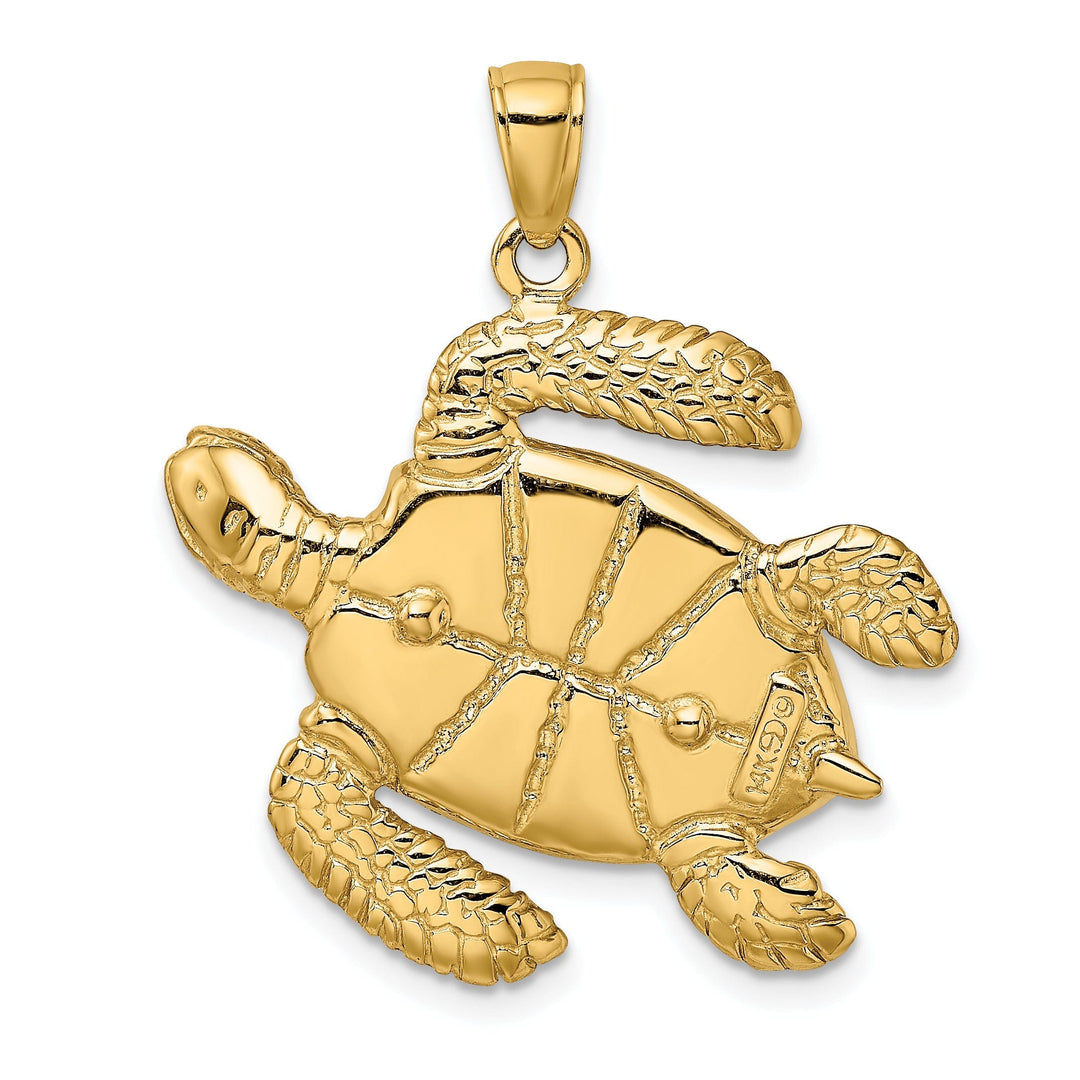 14k Yellow Gold Casted Solid Polished Finish 3D Brown Enamel Large Sea Turtle Charm Pendant