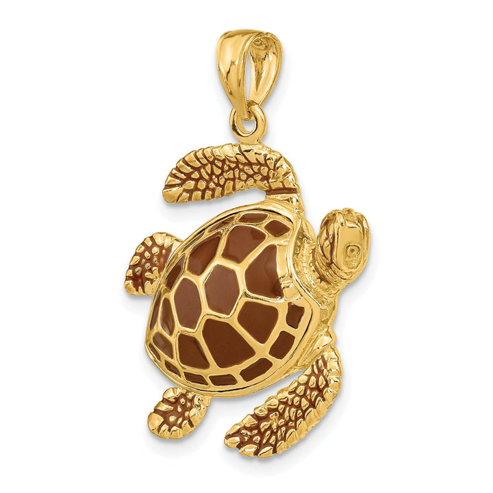 14k Yellow Gold Casted Solid Polished Finish 3D Brown Enamel Large Sea Turtle Charm Pendant