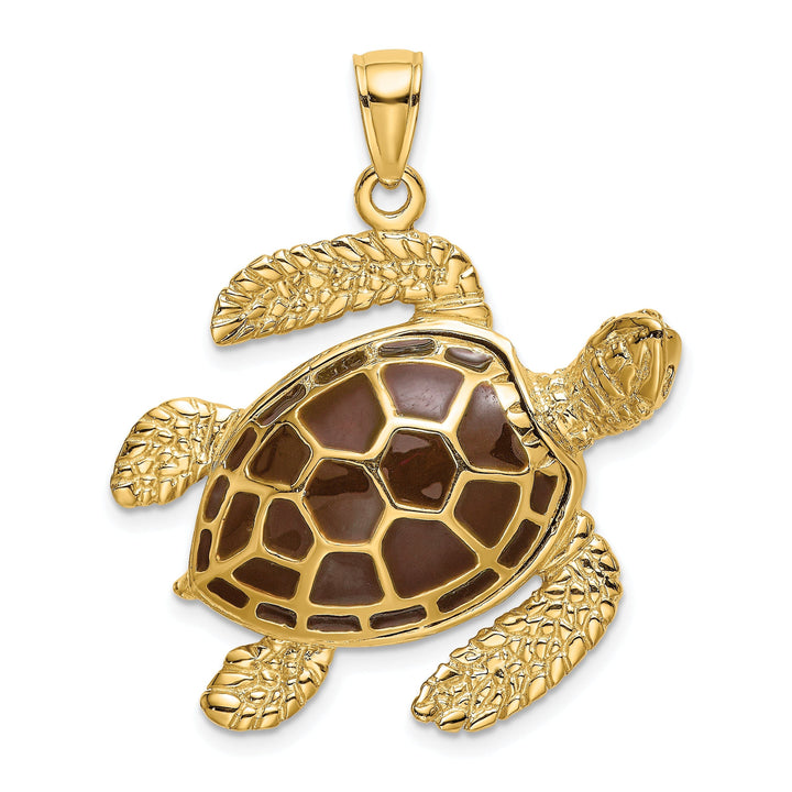 14k Yellow Gold Casted Solid Polished Finish 3D Brown Enamel Large Sea Turtle Charm Pendant