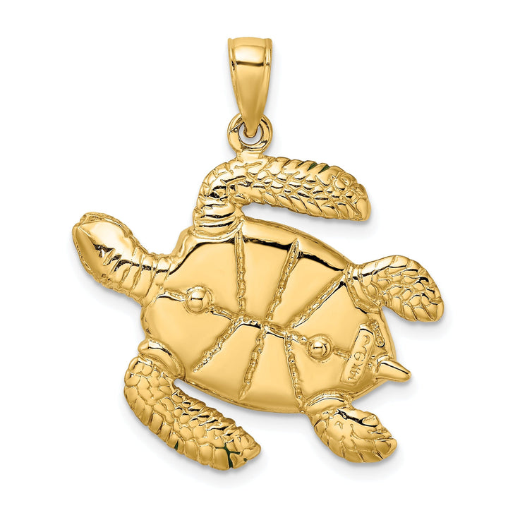 14k Yellow Gold Solid Casted Polished Finish 3D Green Enamel Large Sea Turtle Charm Pendant