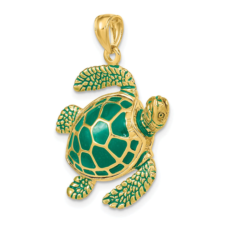 14k Yellow Gold Solid Casted Polished Finish 3D Green Enamel Large Sea Turtle Charm Pendant