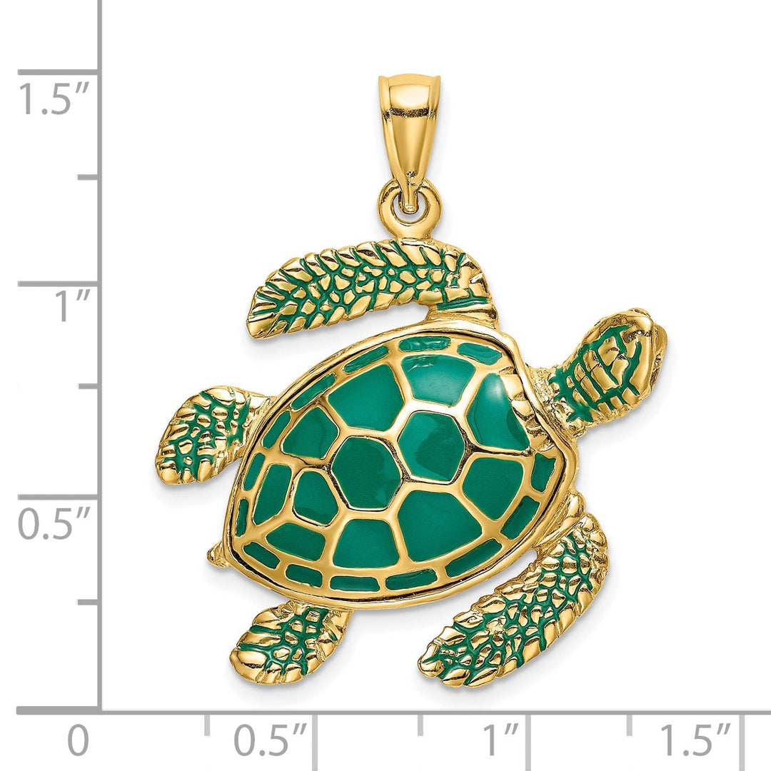 14k Yellow Gold Solid Casted Polished Finish 3D Green Enamel Large Sea Turtle Charm Pendant