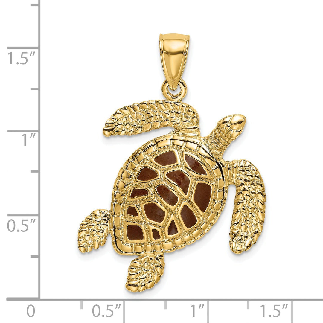 14k Yellow Gold Solid Casted Polished Finish 3D Brown Enamel Textured Sea Turtle Charm Pendant