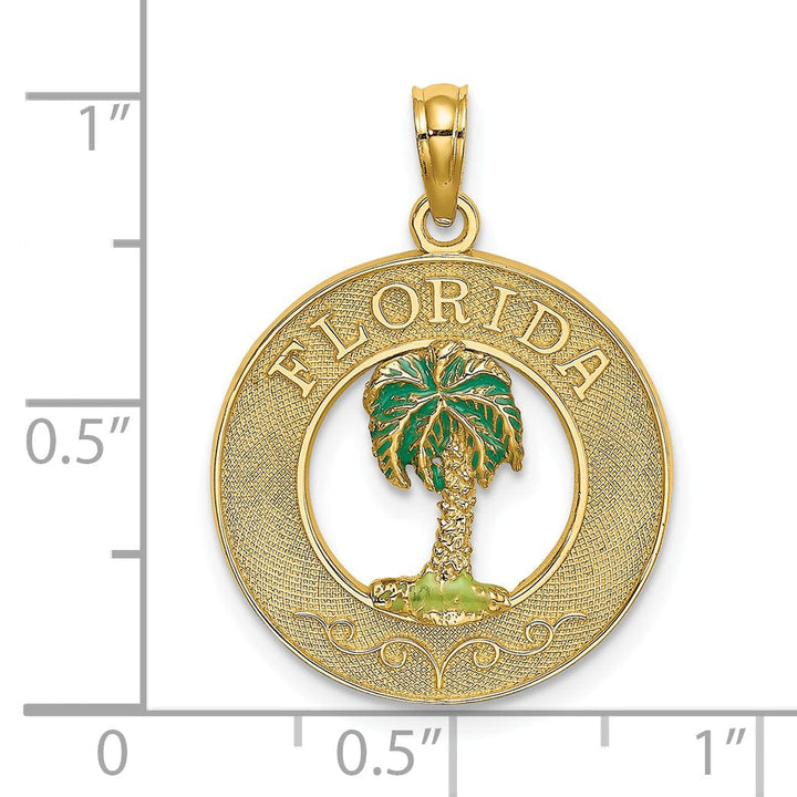 14K Yellow Gold Polished Textured with Green Enamel Finish FLORIDA Palm Tree in Circle Design Charm Pendant