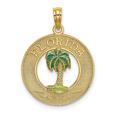 14K Yellow Gold Polished Textured with Green Enamel Finish FLORIDA Palm Tree in Circle Design Charm Pendant at $ 182.37 only from Jewelryshopping.com
