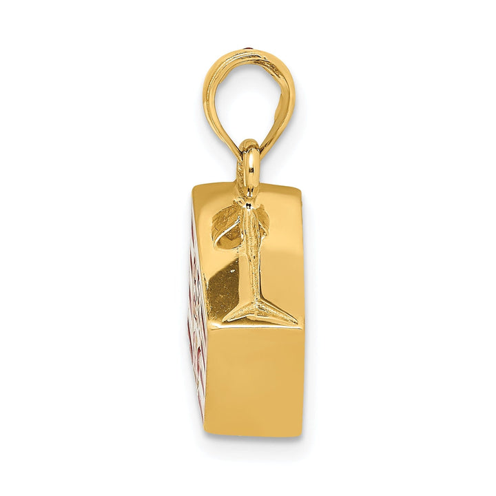 14K Yellow Gold Polished Red, White Enameled Finish 3-Dimensional Bag of Popcorn Charm Pendant