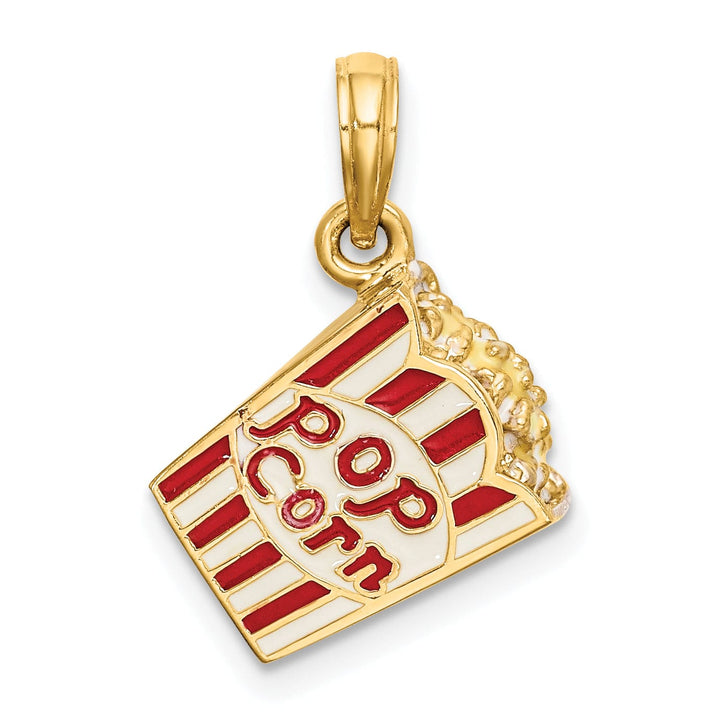 14K Yellow Gold Polished Red, White Enameled Finish 3-Dimensional Bag of Popcorn Charm Pendant