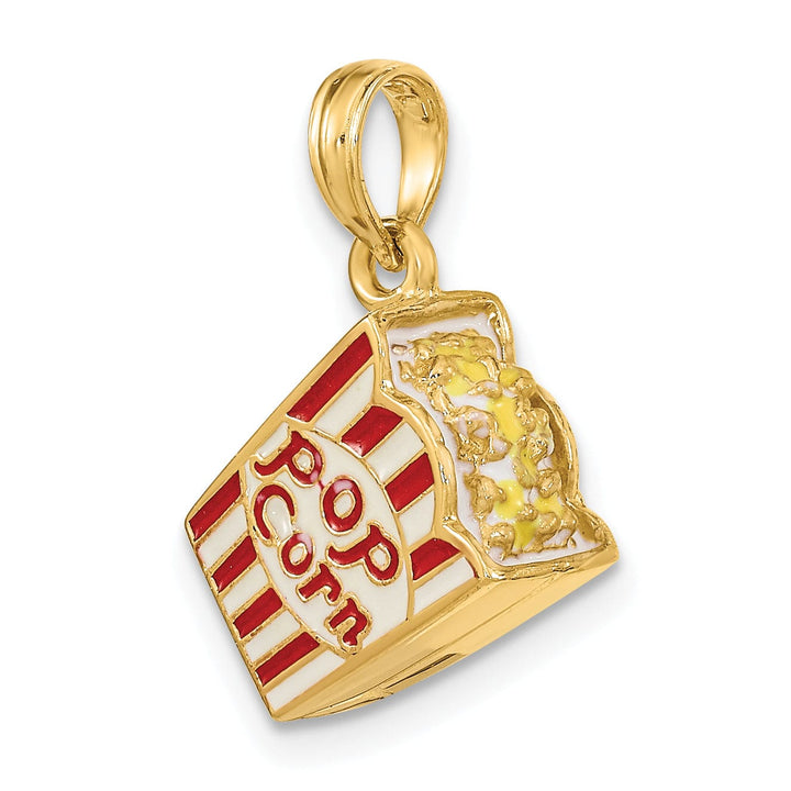 14K Yellow Gold Polished Red, White Enameled Finish 3-Dimensional Bag of Popcorn Charm Pendant