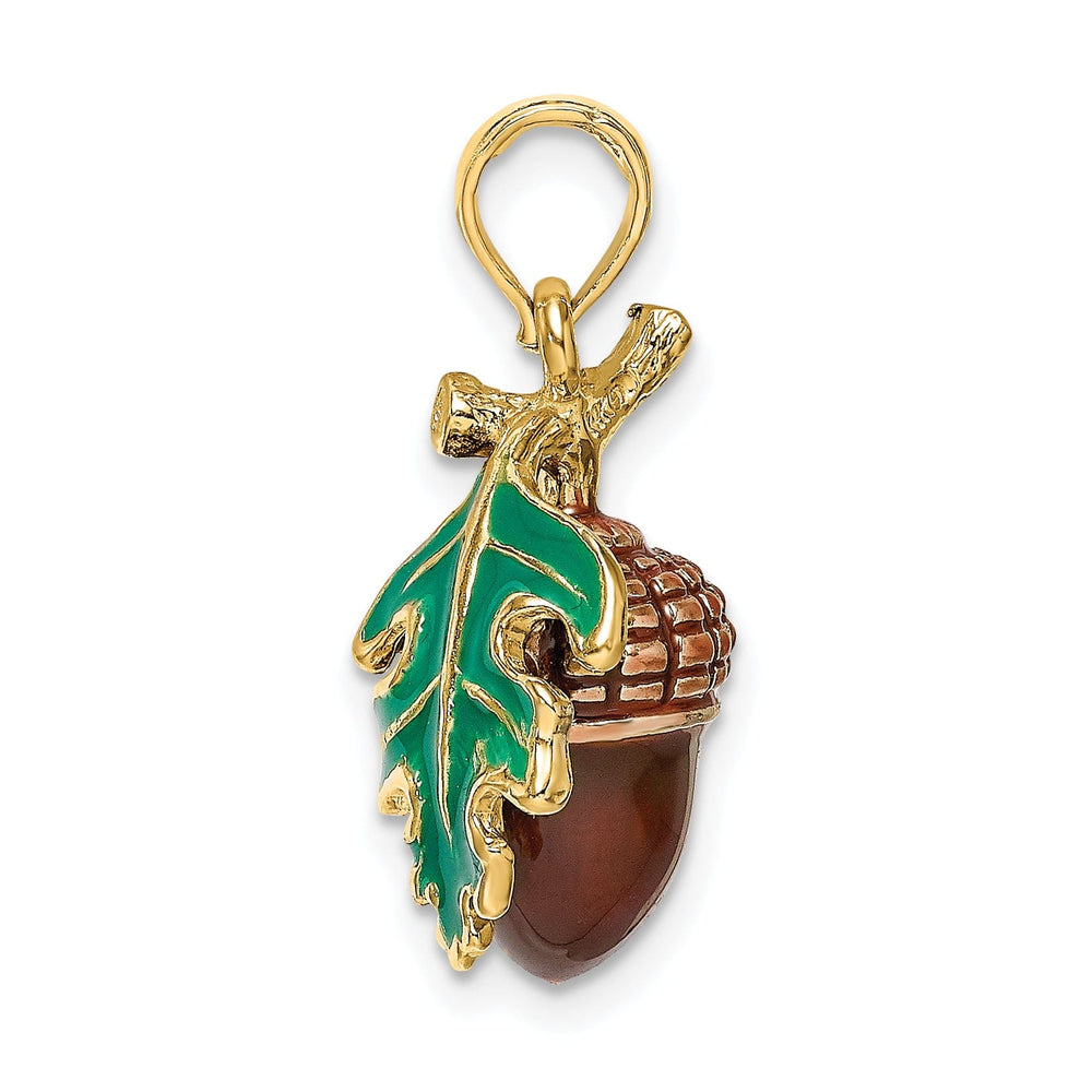 14k Yellow Gold 3D Enameled Solid Polished Finish Acorn with Leaf Charm Pendant