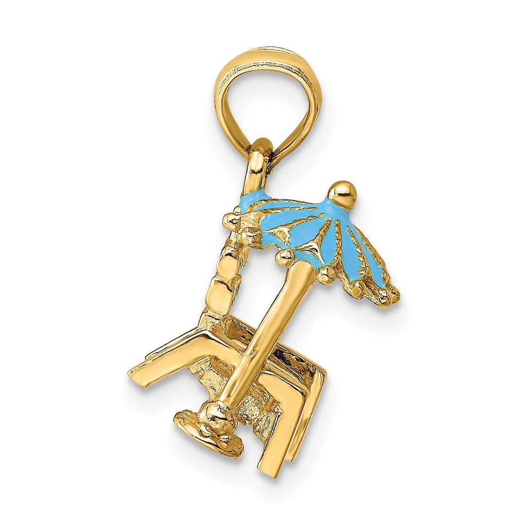 14K Yellow Gold Polished Finish 3-Dimensional Beach Chair with Aqua Blue Color Enameled Umbrella Charm Pendant