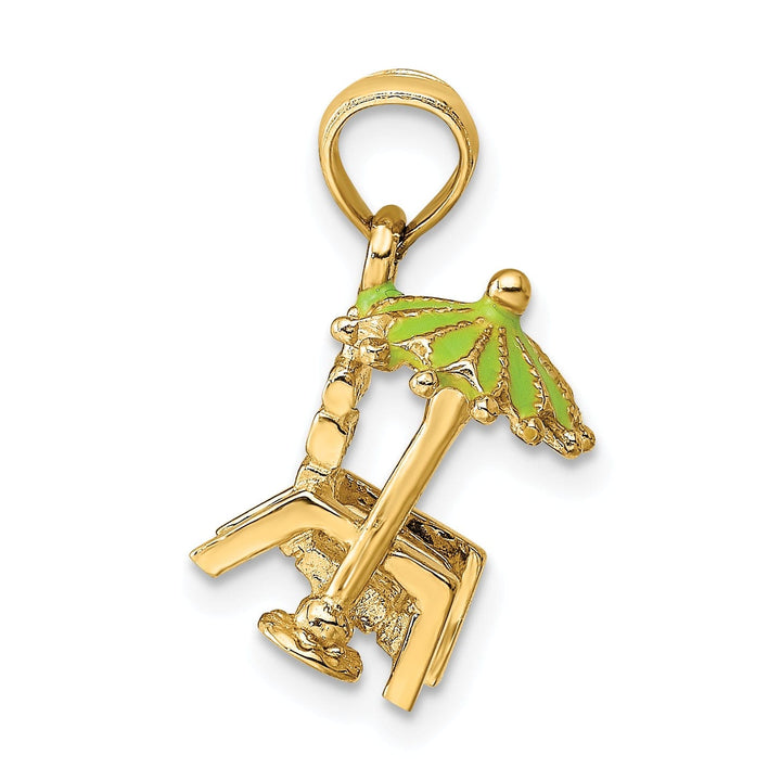 14K Yellow Gold Polished Finish 3-Dimensional Beach Chair with Green Color Enameled Umbrella Charm Pendant