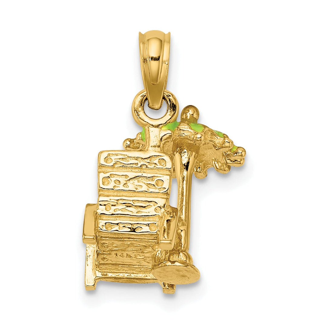 14K Yellow Gold Polished Finish 3-Dimensional Beach Chair with Green Color Enameled Umbrella Charm Pendant