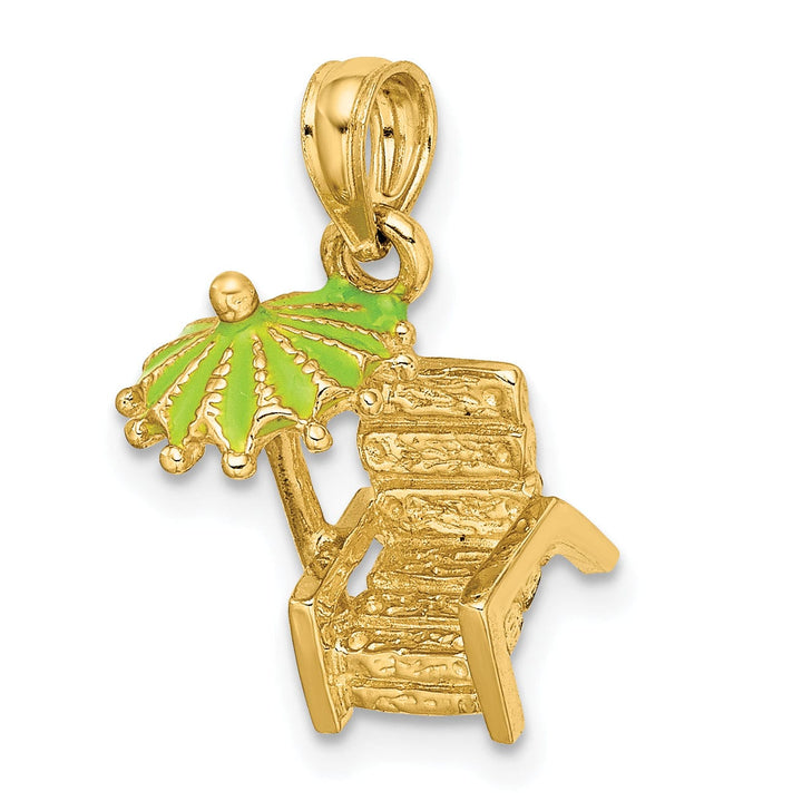 14K Yellow Gold Polished Finish 3-Dimensional Beach Chair with Green Color Enameled Umbrella Charm Pendant