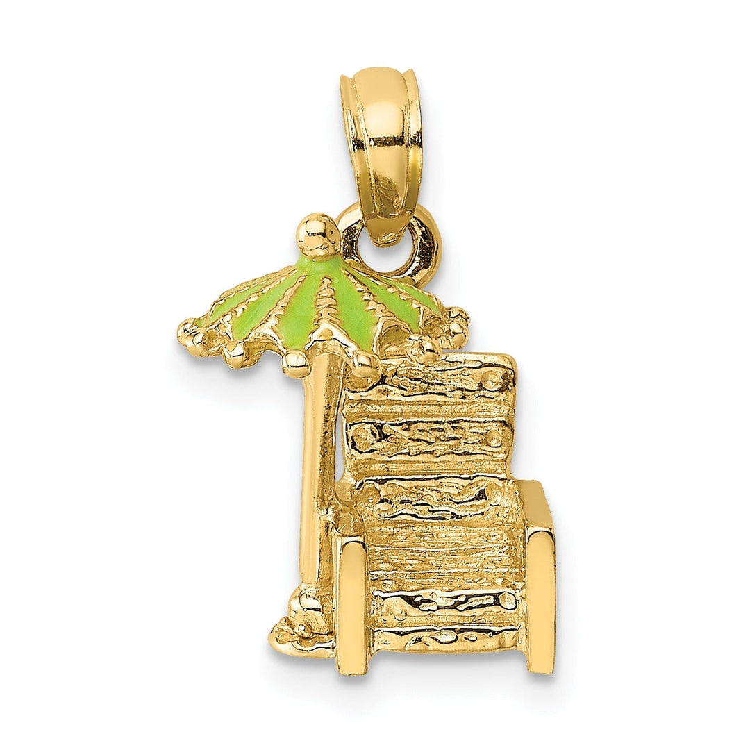 14K Yellow Gold Polished Finish 3-Dimensional Beach Chair with Green Color Enameled Umbrella Charm Pendant