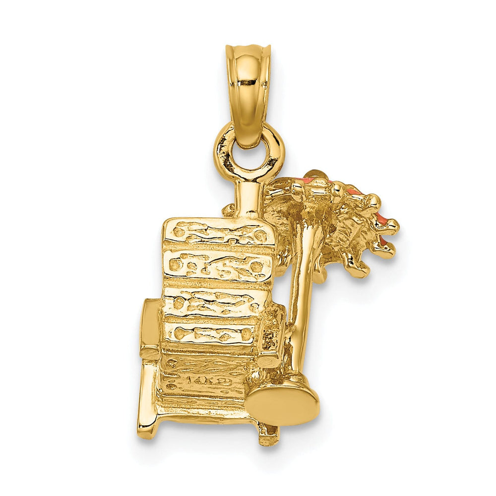 14K Yellow Gold Polished Finish 3-Dimensional Beach Chair with Orange Color Enameled Umbrella Charm Pendant