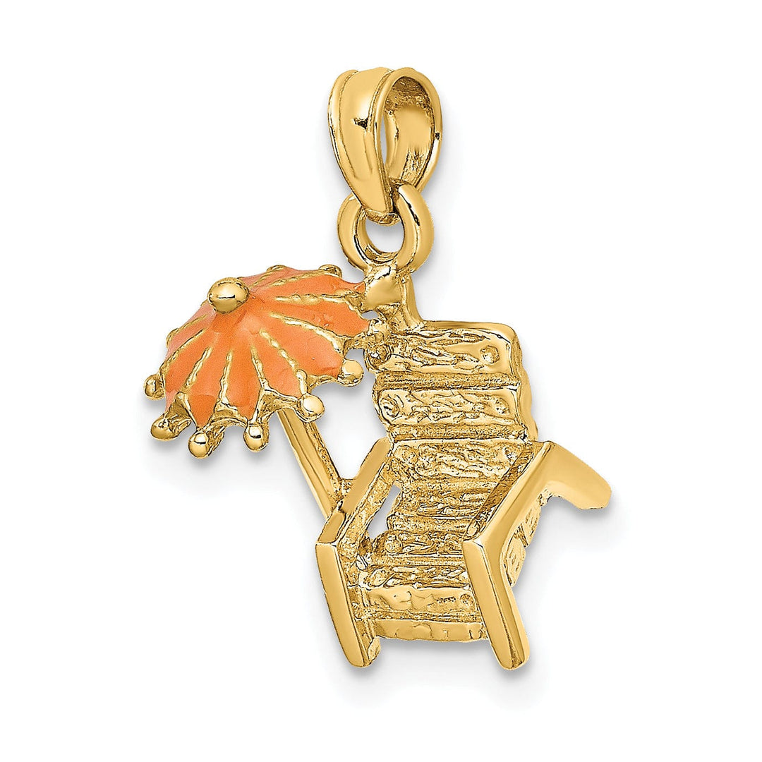 14K Yellow Gold Polished Finish 3-Dimensional Beach Chair with Orange Color Enameled Umbrella Charm Pendant