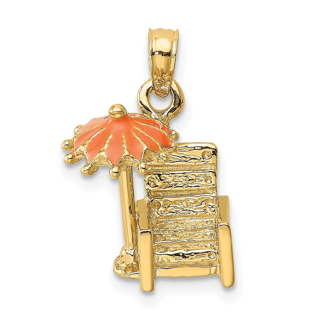 14K Yellow Gold Polished Finish 3-Dimensional Beach Chair with Orange Color Enameled Umbrella Charm Pendant