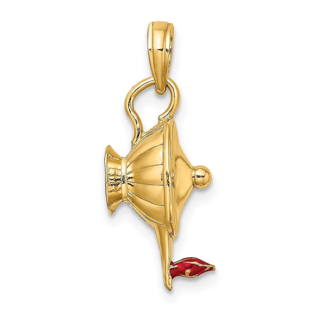 14K Yellow Gold Polished with Red Enamel Finish 3-Dimensional Genie Lamp Charm Pendant