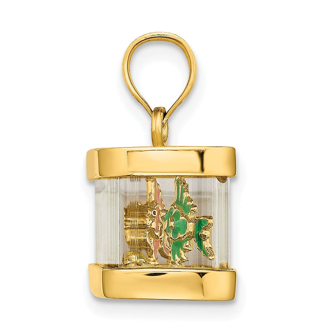 14K Yellow Gold Textured Polished Multi-Color Ename Finish 3-Dimensional Moveable Fish Aquarium Charm