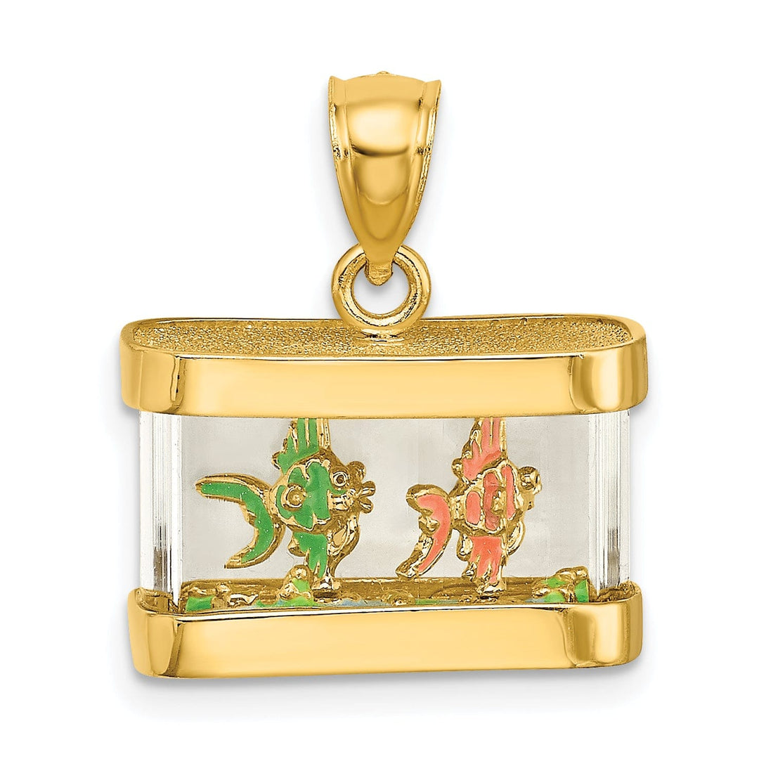 14K Yellow Gold Textured Polished Multi-Color Ename Finish 3-Dimensional Moveable Fish Aquarium Charm