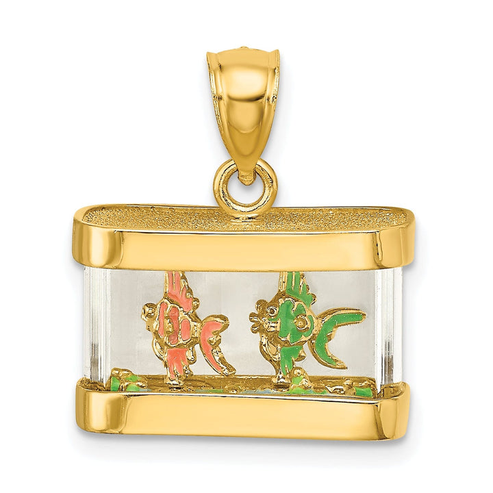 14K Yellow Gold Textured Polished Multi-Color Ename Finish 3-Dimensional Moveable Fish Aquarium Charm