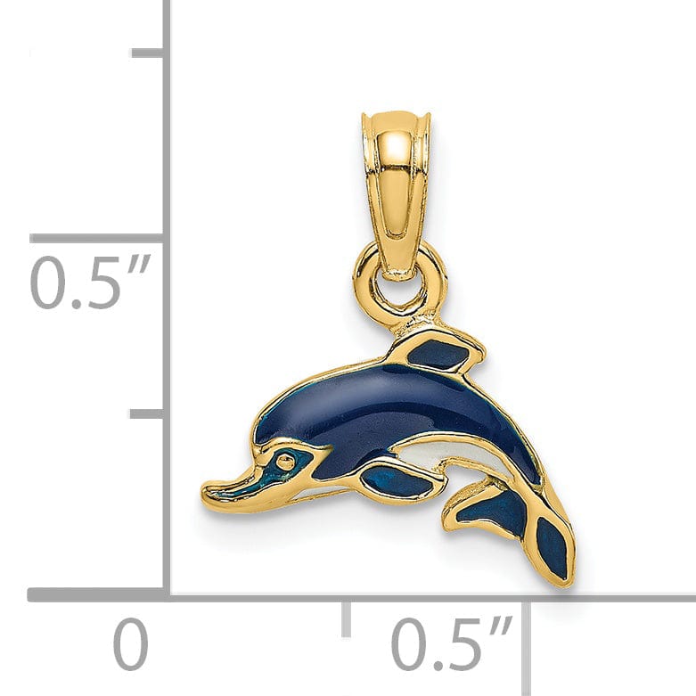14K Yellow Gold Polished Blue Enamel Finish Dolphin Charm Pendant