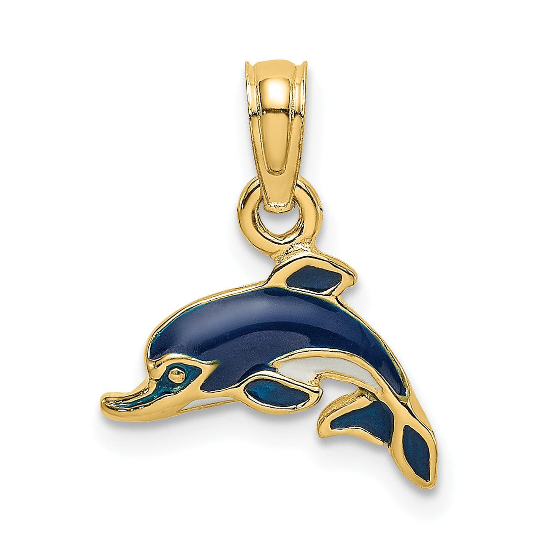 14K Yellow Gold Polished Blue Enamel Finish Dolphin Charm Pendant