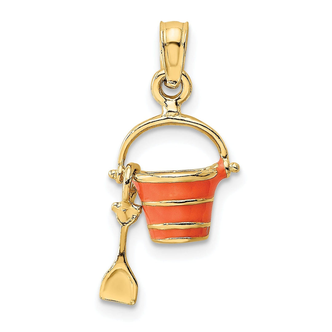 14k Yellow Gold Solid Polished Orange Color Enameled Finish Moveable 2-Dimensional Beach Pail with Shovel Charm Pendant