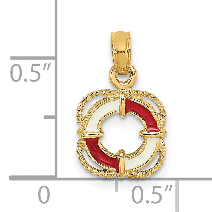 14K Yellow Gold Polished Finish Red White Enameled Lifesaver Float Charm