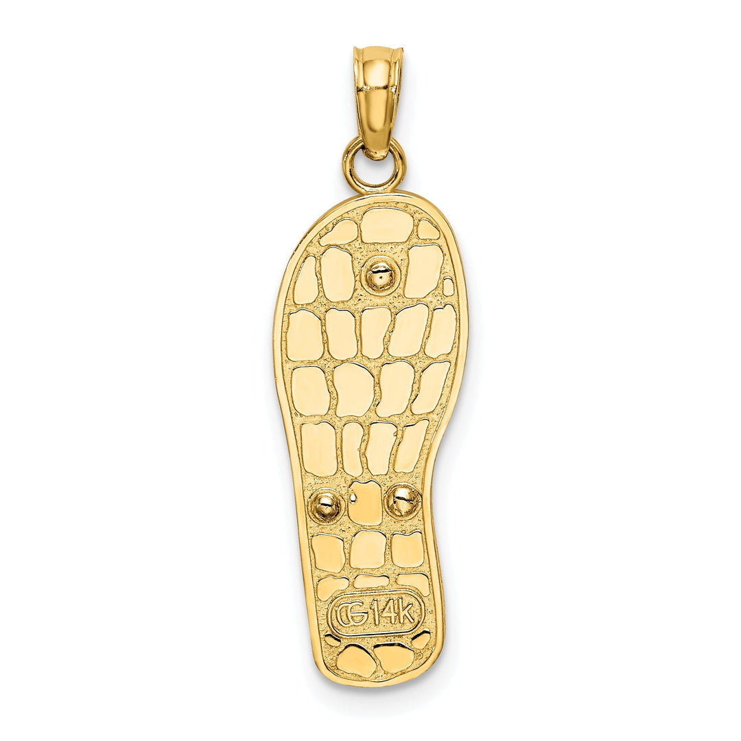 14K Yellow Gold, White Rhodium Pink Flowers On Blue Stripes Enamel Finish 3-Dimensional Flip-Flop Sandle Charm Pendant