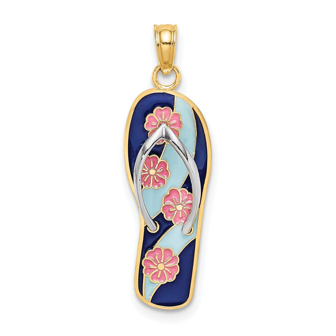 14K Yellow Gold, White Rhodium Pink Flowers On Blue Stripes Enamel Finish 3-Dimensional Flip-Flop Sandle Charm Pendant