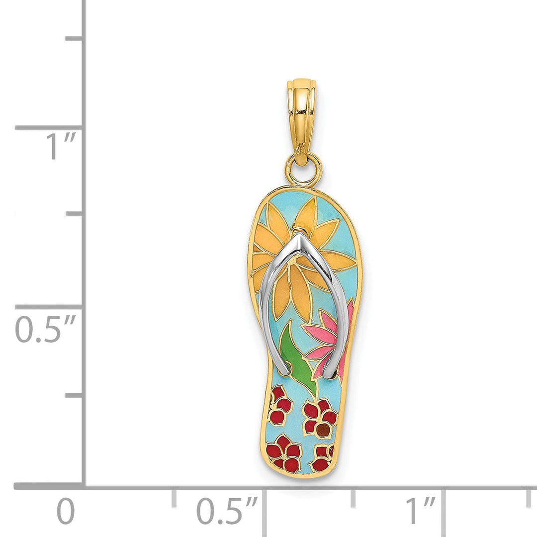 14K Yellow Gold, White Rhodium Fuschia Flowers Multi Enamel Finish 3-Dimensional Flip-Flop Sandle Charm Pendant