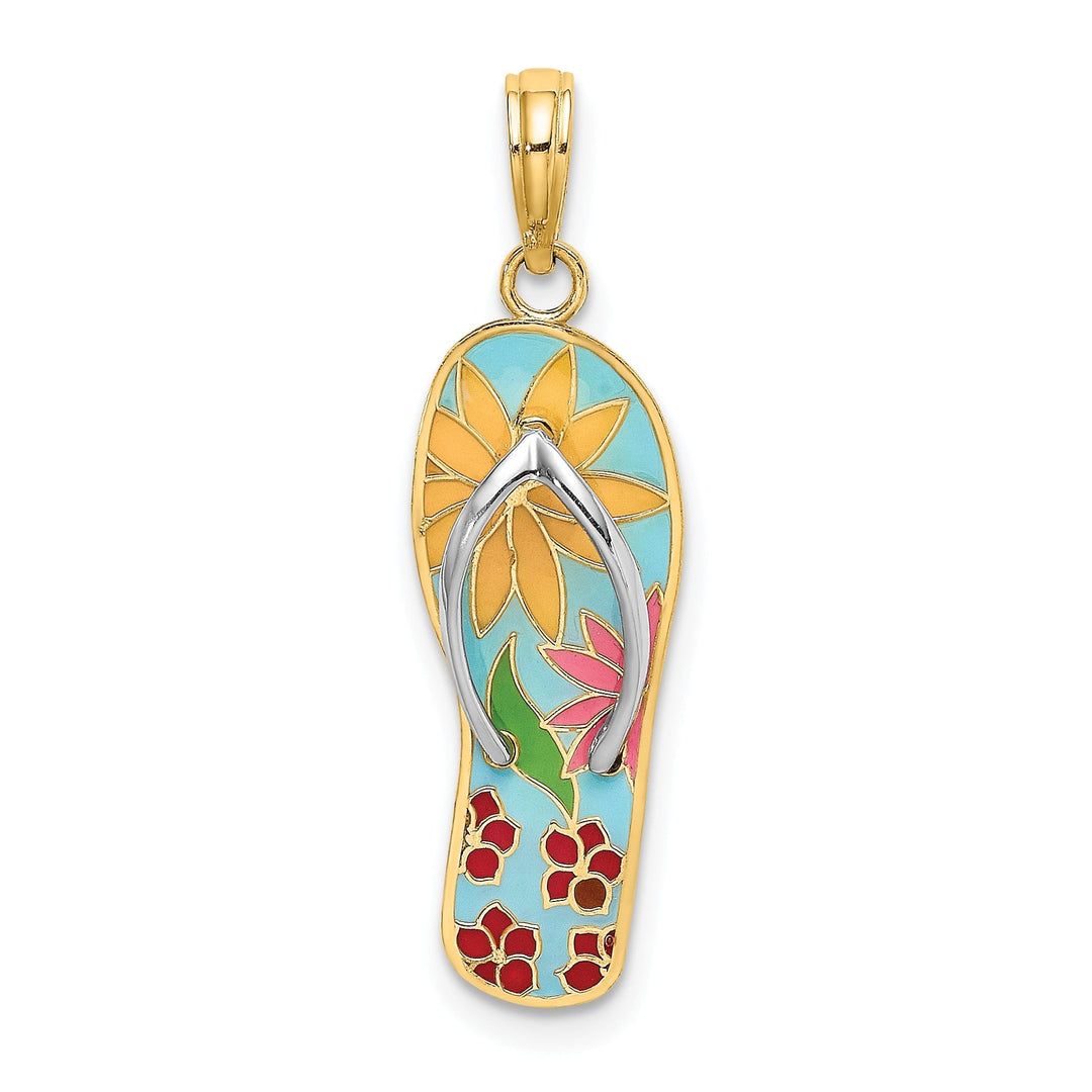 14K Yellow Gold, White Rhodium Fuschia Flowers Multi Enamel Finish 3-Dimensional Flip-Flop Sandle Charm Pendant