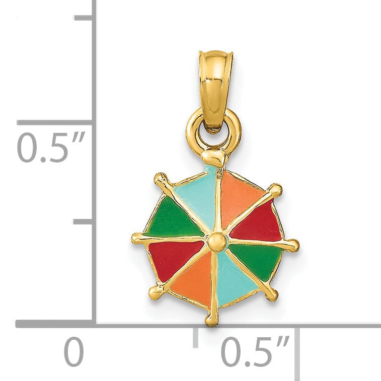 14K Yellow Gold Polished Multi-Color Enamel Finish Concave Shape 2-Dimensional Umbrella Charm Pendant