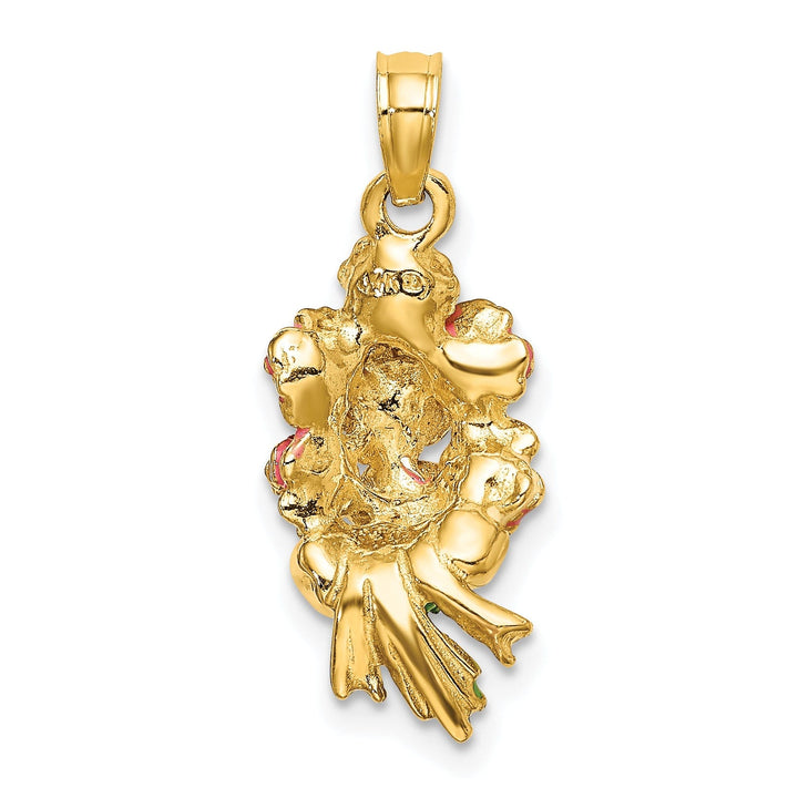 14k Yellow Gold Open Back Solid Polished Finish Enameled Bouquet of Pink Roses Charm Pendant
