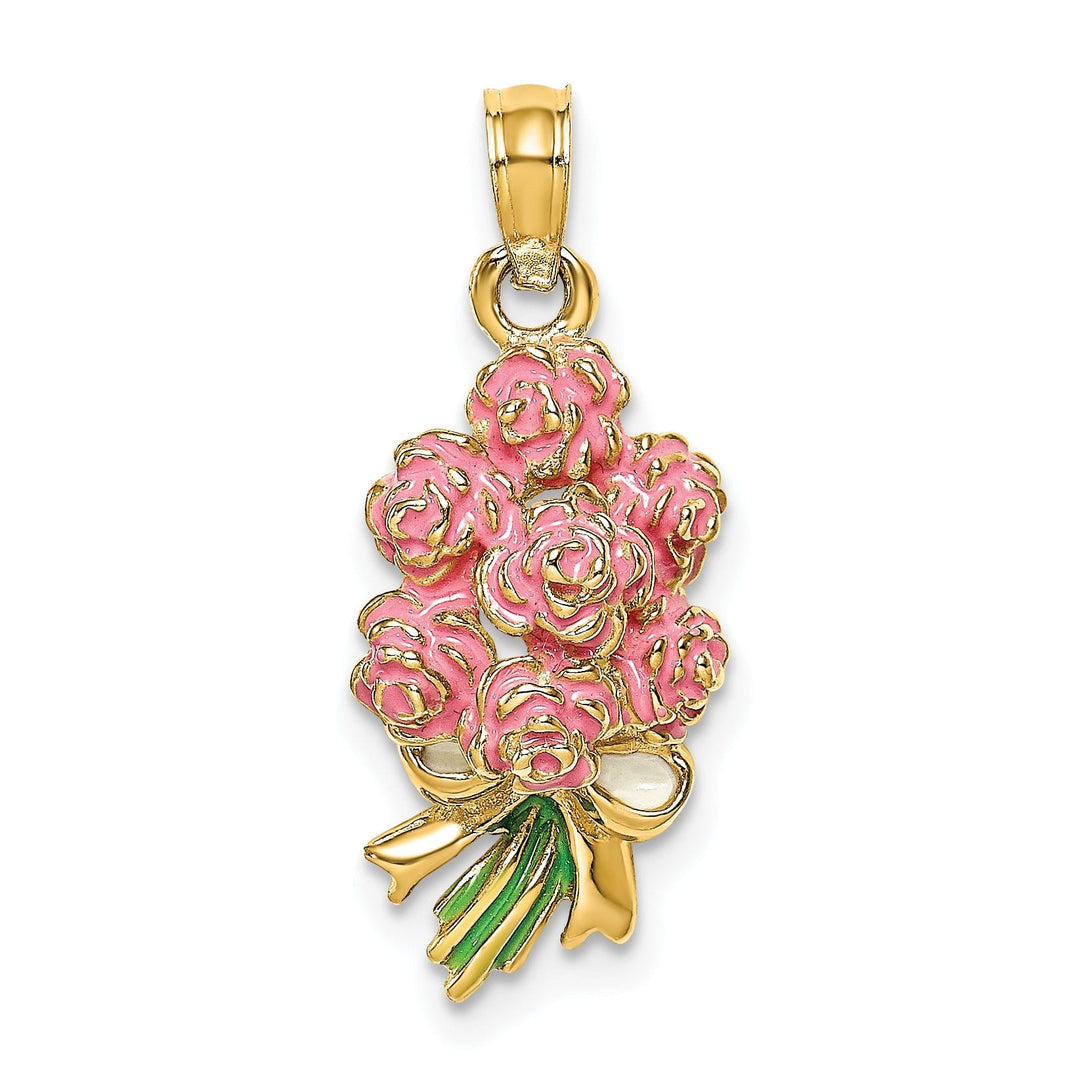 14k Yellow Gold Open Back Solid Polished Finish Enameled Bouquet of Pink Roses Charm Pendant