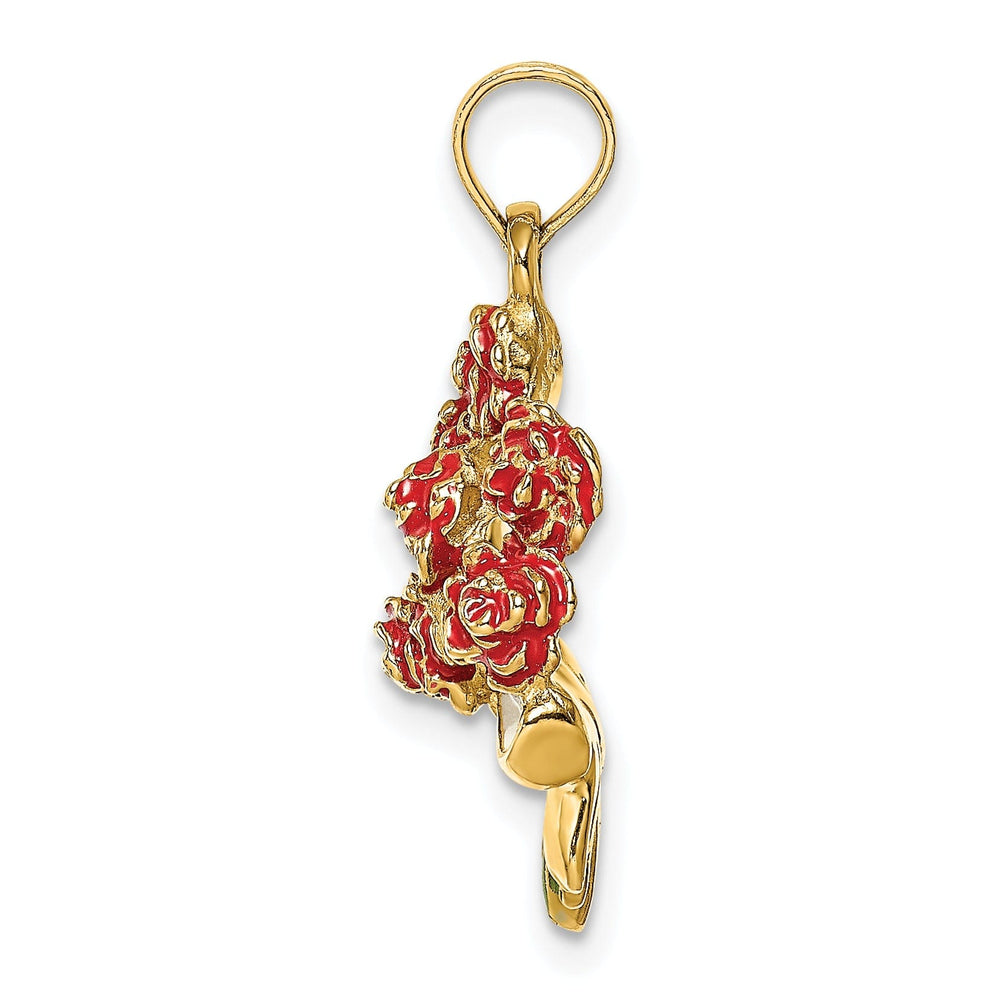 14k Yellow Gold Open Back Solid Polished Finish Enameled Bouquet of Red Roses Charm Pendant
