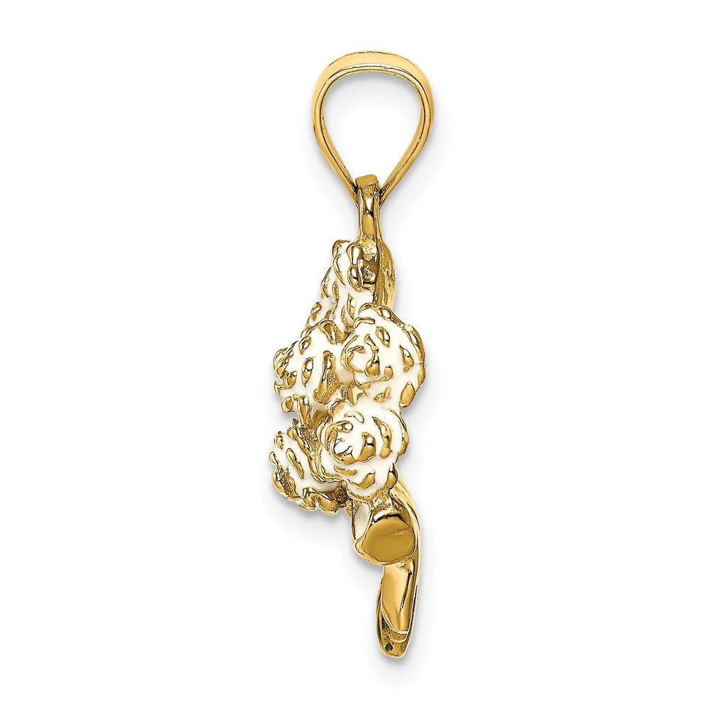 14k Yellow Gold Open Back Solid Polished Finish Enameled Bouquet of White Roses Charm Pendant