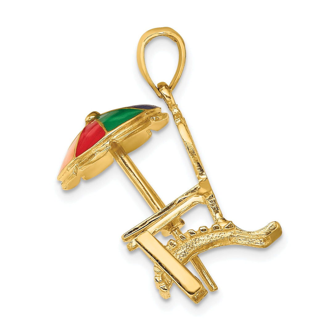 14K Yellow Gold Polished Finish 3-Dimensional Beach Chair with Multi Color Enameled Umbrella Charm Pendant