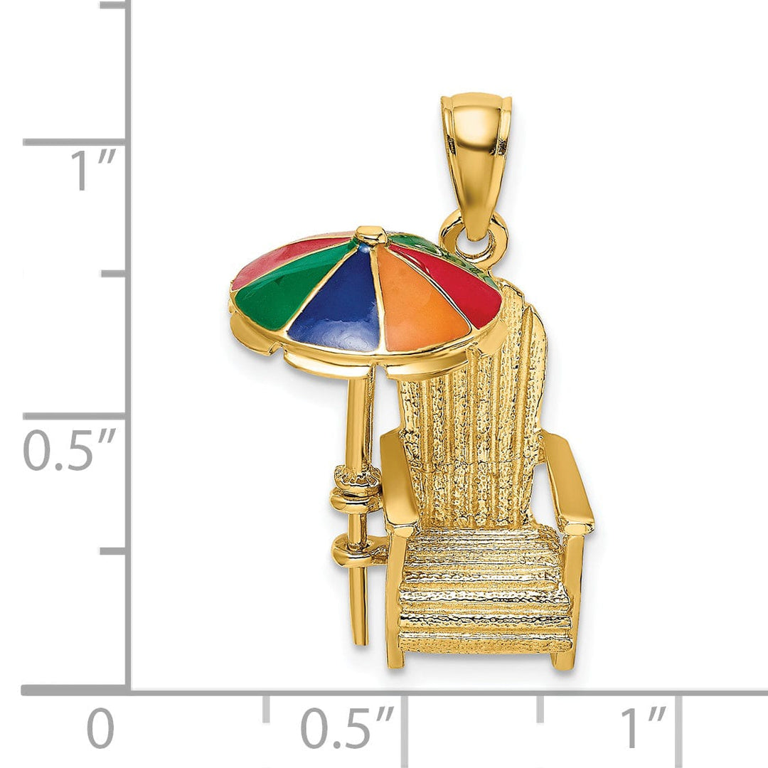 14K Yellow Gold Polished Finish 3-Dimensional Beach Chair with Multi Color Enameled Umbrella Charm Pendant