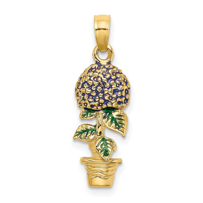 14k Yellow Gold 3D Solid Polished Finish Multi-color Enameled Lavender Hydrangea Flowers In Pot Charm Pendant
