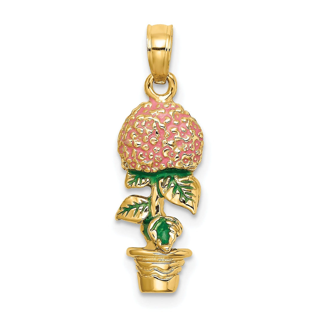 14k Yellow Gold 3D Solid Polished Finish Enameled Pink Hydrangea Flowers In Pot Charm Pendant