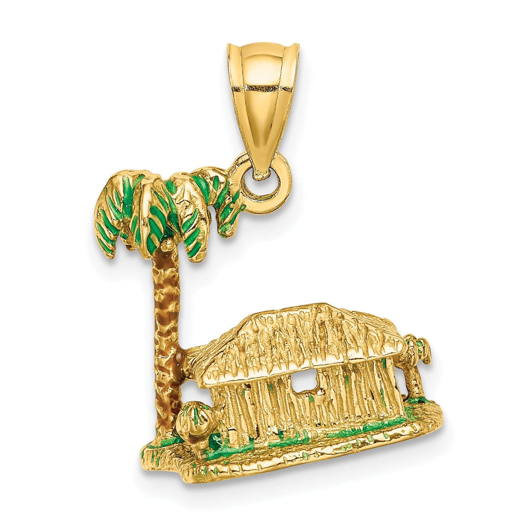 14K Yellow Gold Textured Multi-Color Enameled Finish 3-Dimensional Palm Tree and Hut Charm Pendant