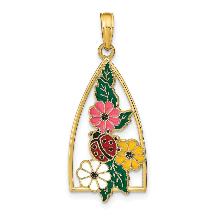 14K Yellow Gold Textured Polished Multi Color Enameled Finish Ladybug and Flowers Triangle Shape Design Charm Pendant