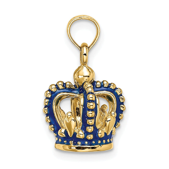 14K Yellow Gold Solid Polished Blue Enamel Finish 3-Dimensional Beaded Design Crown Charm Pendant