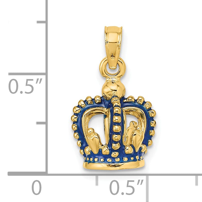 14K Yellow Gold Solid Polished Blue Enamel Finish 3-Dimensional Beaded Design Crown Charm Pendant