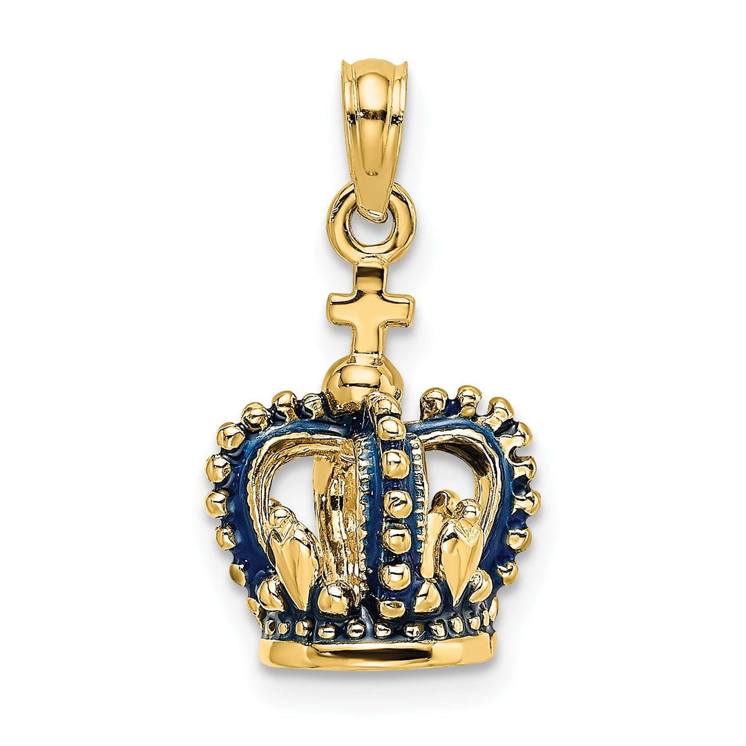 14K Yellow Gold Polished Solid Blue Enamel Finish 3-Dimensional Beaded Design Crown with Cross on Top Charm Pendant