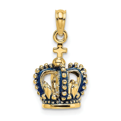 14K Yellow Gold Polished Solid Blue Enamel Finish 3-Dimensional Beaded Design Crown with Cross on Top Charm Pendant at $ 255.36 only from Jewelryshopping.com