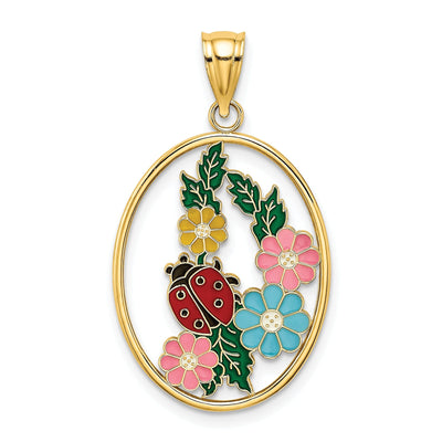 14K Yellow Gold Polished Finish Open Back Stained Glass Multi-Color Enamel Oval Shape Design Ladybug Charm Pendant at $ 224.47 only from Jewelryshopping.com