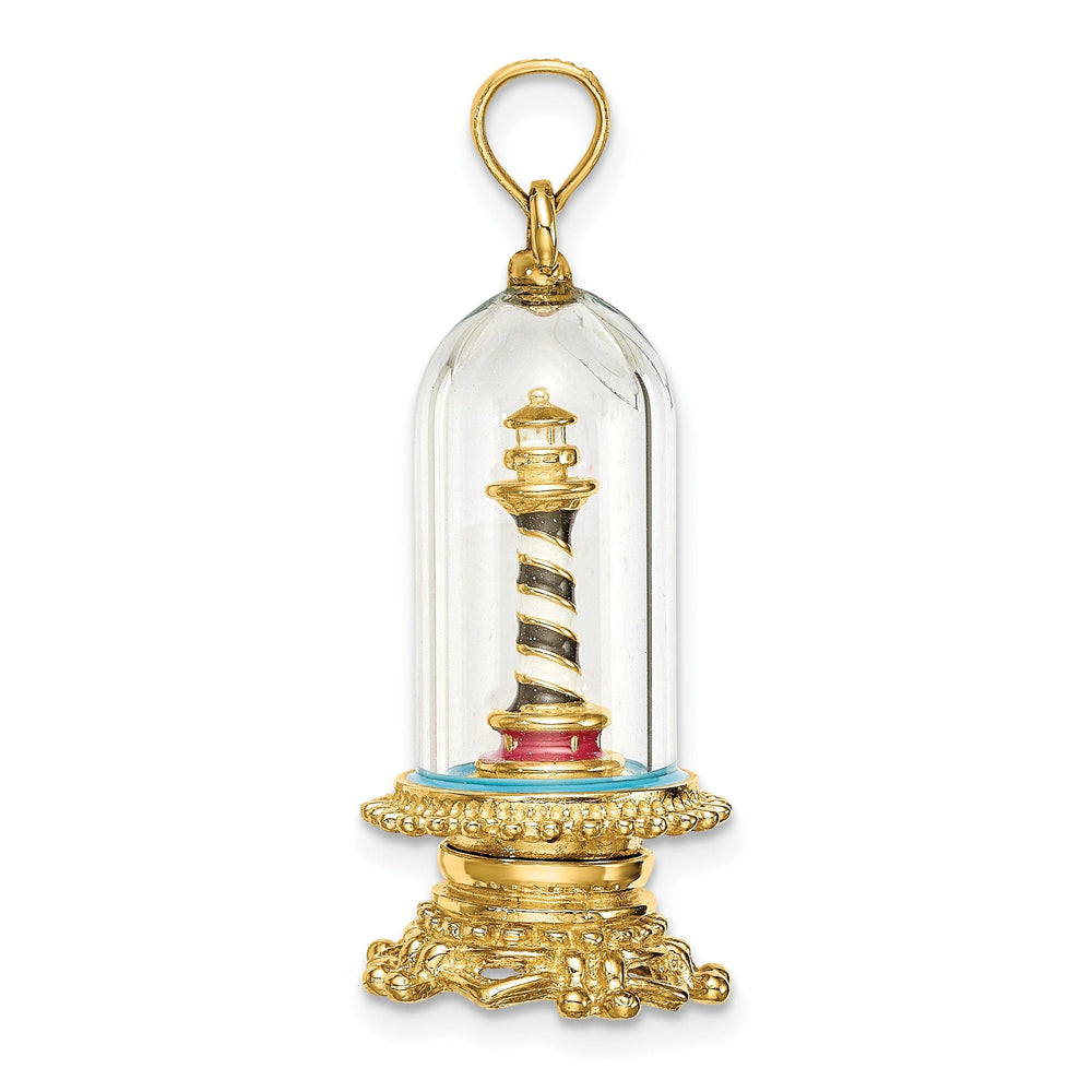 14K Yellow Gold Polished Enamel Finish 3-D Lighthouse In Glass Dome Charm